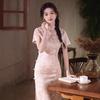 1011 Spring and Summer New Cheongsam Pink Silver Bead Satin Short Sleeve Long Cheongsam Improved Edition New Chinese National Style Cheongsam
