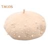 Women Beret Faux Pearl Rhinestone Decor Vintage English Style Woolen Hat No Brim Solid Color Adjustable Straps Pumpkin Cap