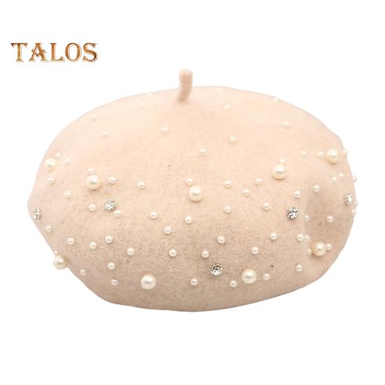 Women Beret Faux Pearl Rhinestone Decor Vintage English Style Woolen Hat No Brim Solid Color Adjustable Straps Pumpkin Cap