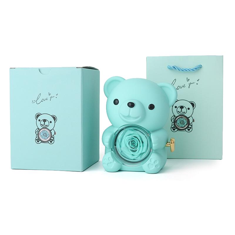 Rotating Acrylic Jewelry Box with Teddy Bear & Eternal Rose for Valentine's Day