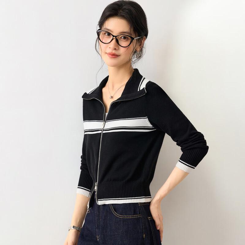 JINJU Women's Silk Blend Color-Block Zipper Cardigan