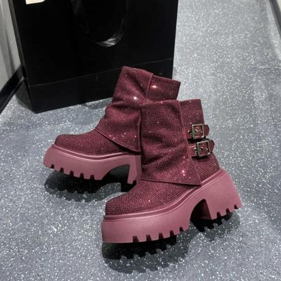 Fashion Luxury Crystal Ankle Platform Snow Boots Fashion High Heels Plush Shoes Winter 2025 Trend Warm Goth Chelsea Chunky Botas Mujer