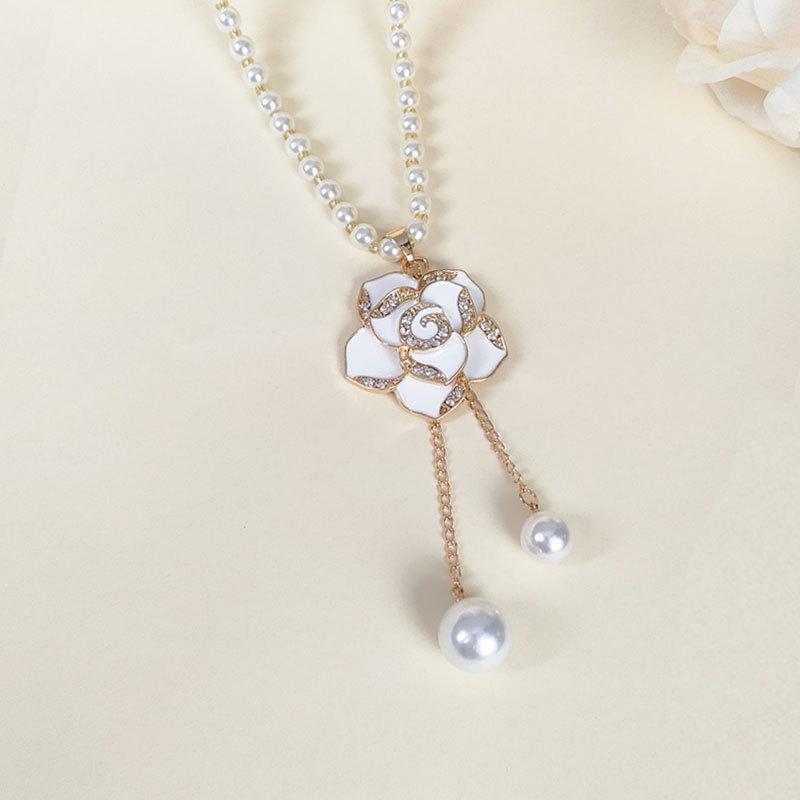 Elegant Women's Tassel Camellia Pearl Sweater Necklace