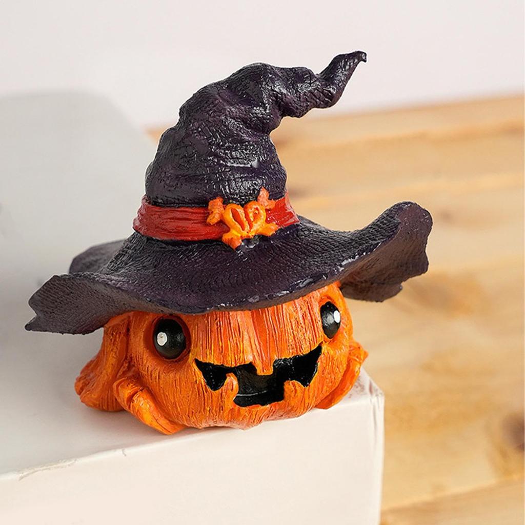 Halloween Pumpkin Resin Figurine - Mini Cute Pumpkin Statue with Hat, Home Decor for Cabinet, Living Room, Party