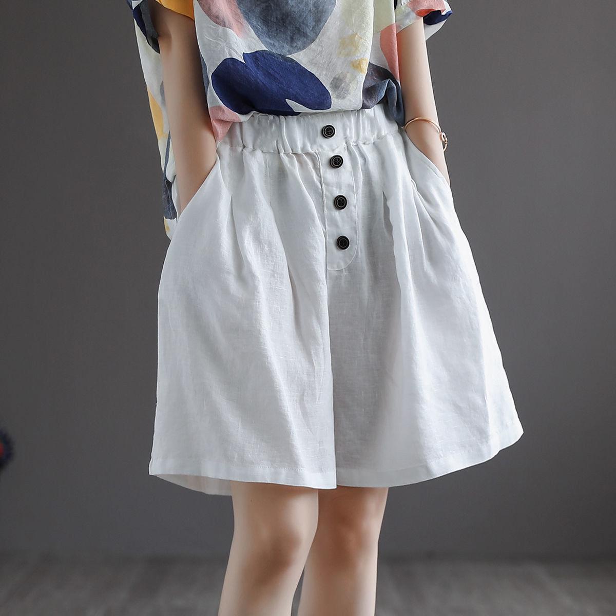 Short Pants Woman Bermuda with Waist Pocket Knee Length Mid Cotton Half Shorts for Women Elastic Linen Trend XS