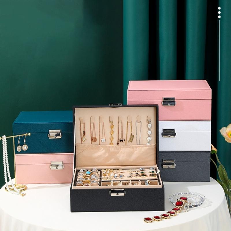 Elegantes Schmuckkästchen mit doppelter Schicht, tragbare Aufbewahrungsbox aus PU-Leder, geeignet für Ringe, Ohrringe, Armbänder und Halsketten