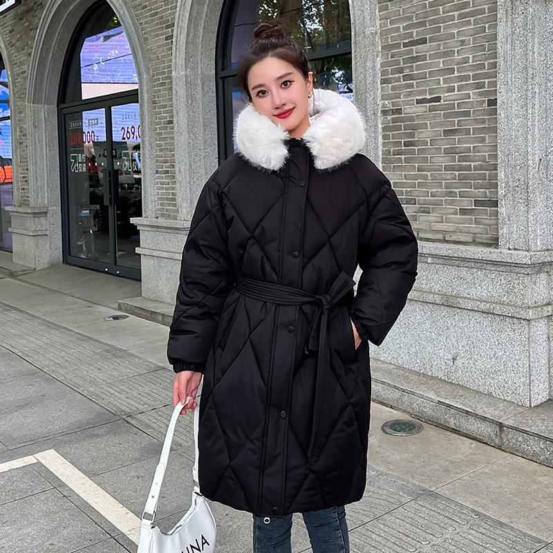 2025 Winter Wear New Diamond Large Fur Collar Temperament Down Cotton Jacket Women's Mid-length Belt Waist Slim Jacket