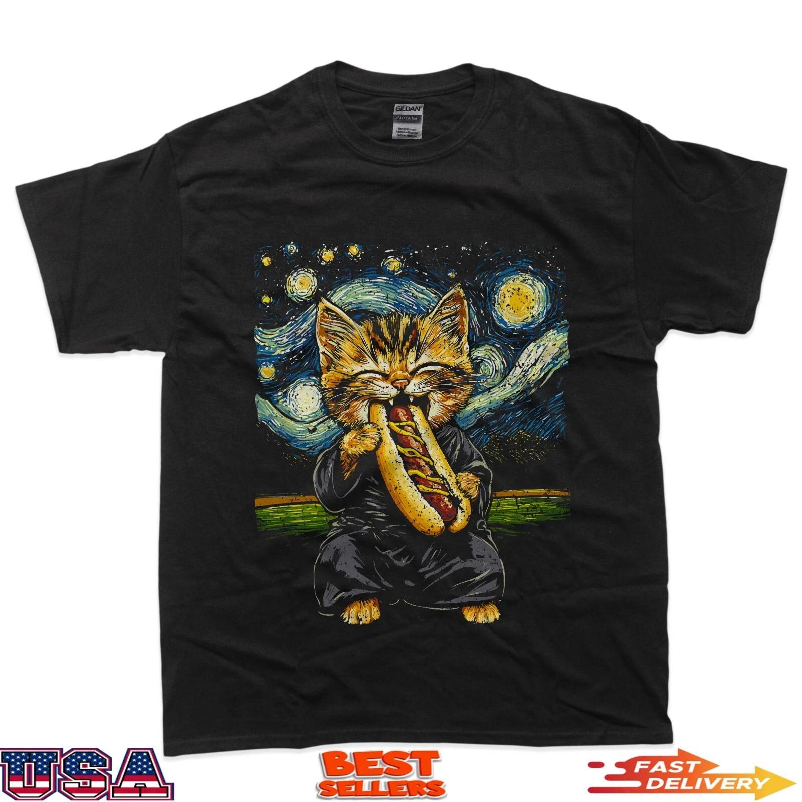 Funny Cat Eating a Hot Dog Under Starry Sky T-Shirt XL