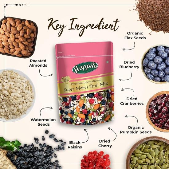 Happilo Premium International Supermom Trail Mix 325g| Roasted Almonds, Pumpkin, Flax & Watermelon Seeds, Dried Cranberries| Superfood Mix Snack