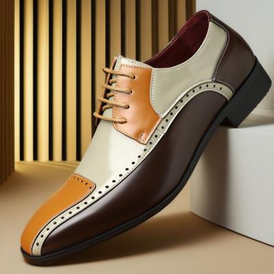 Large Size New Youth Versatile Breathable Leather Shoes Color-blocked Carved Business Personality Splicing Casual Leather Shoes Men