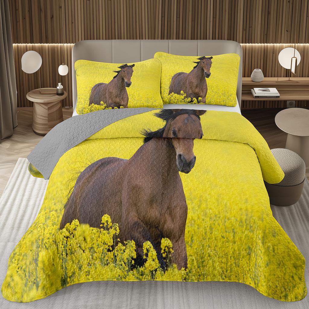Wild Horse Bedspread Queen/Full Galloping Horse Pattern Quilted Bedding Set Farm Animal Coverlet Set Reversible Rustic Bed Cover