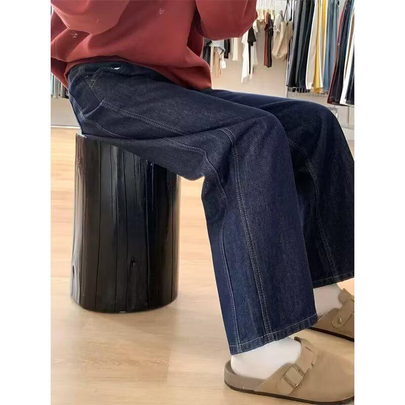 Plus Size Retro Dark Blue Wide-Leg Jeans for Women - Autumn/Winter Drapey Mop Pants