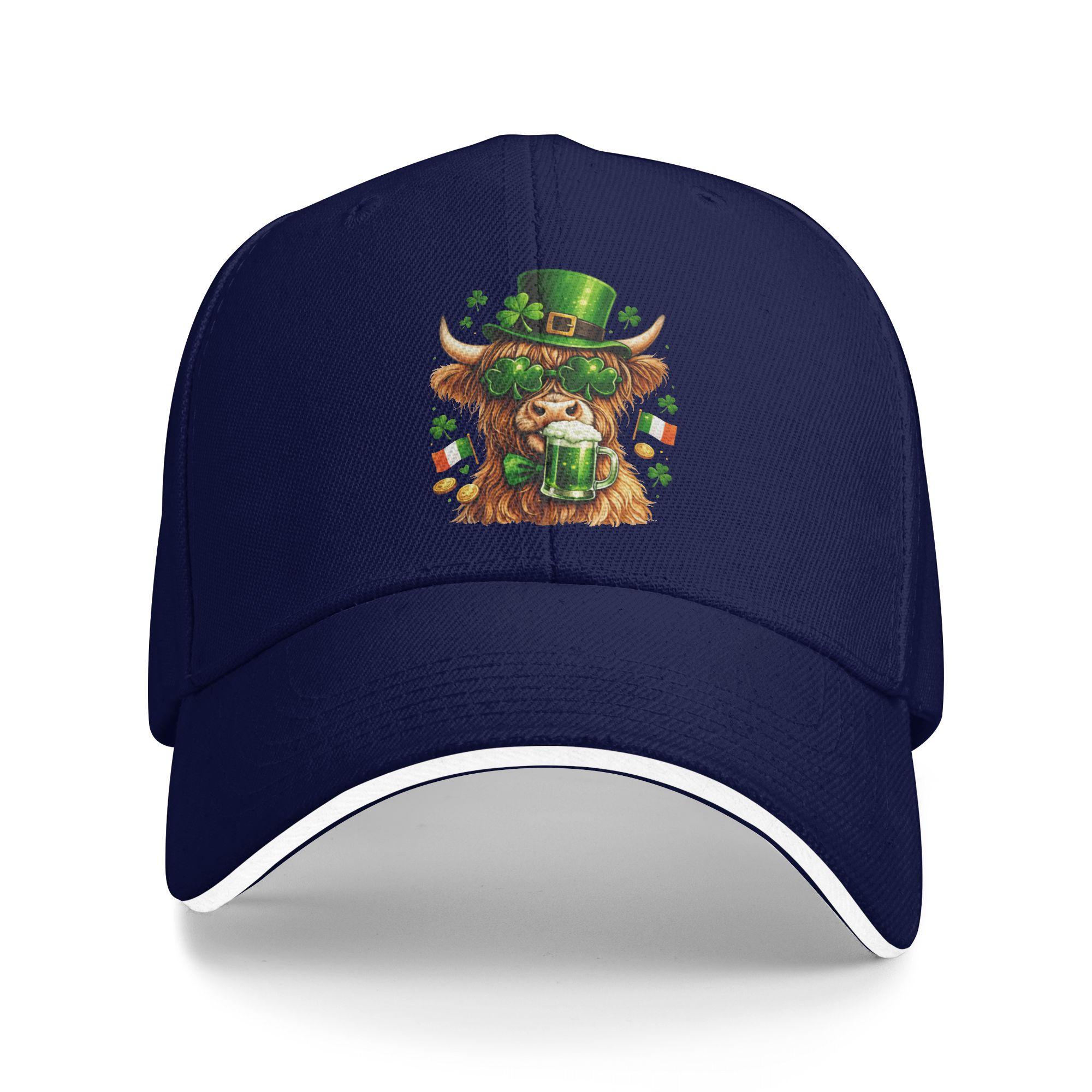 

St Patricks Day Cow Baseball Cap Outdoor Sports Breathable Hip Hop Hats Unisex-Teens Fitted Retro Print Baseball Caps One Size темно-синього кольору