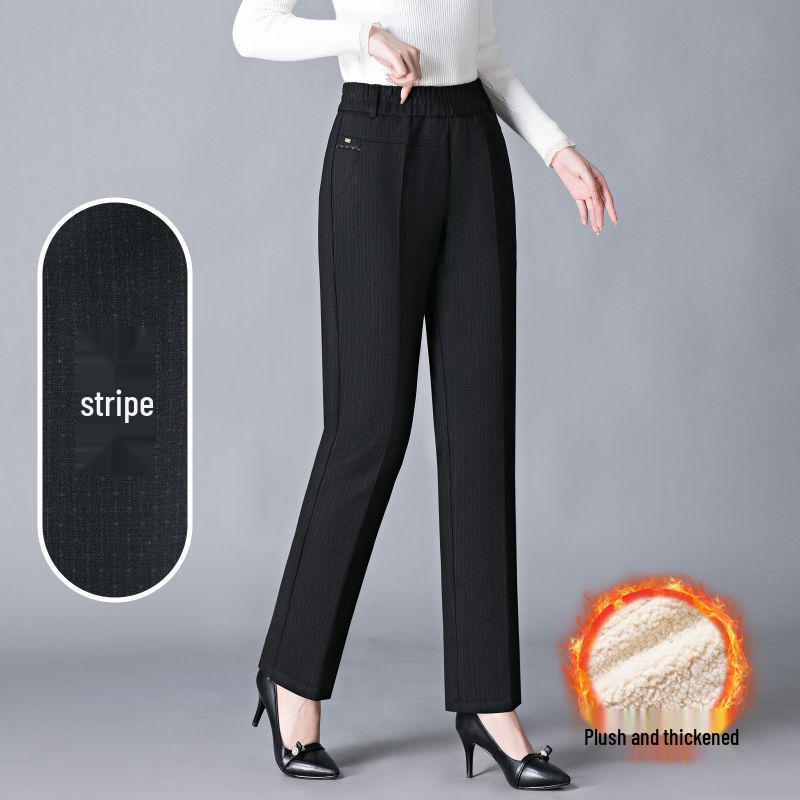 Pantalones de Invierno de Lana de Cordero con Forro Polar de Cintura Alta para Mujer - Engrosados, Algodón, Otoño 2025