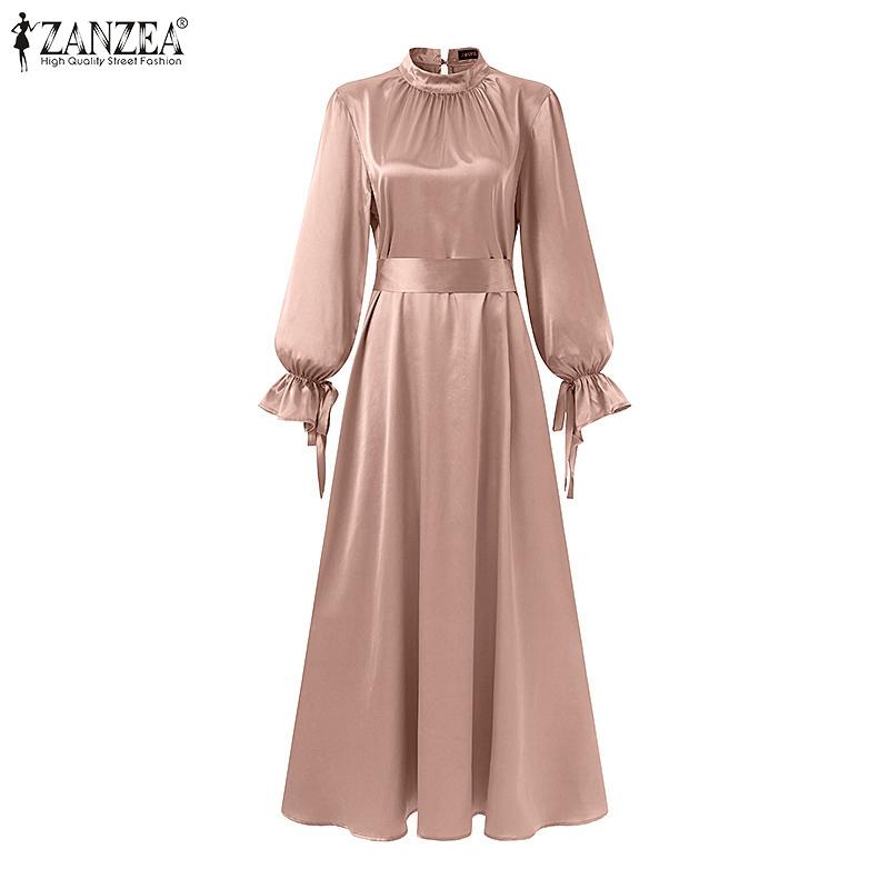 ZANZEA Women Casual Round Neck Solid Color Long Sleeve Dress