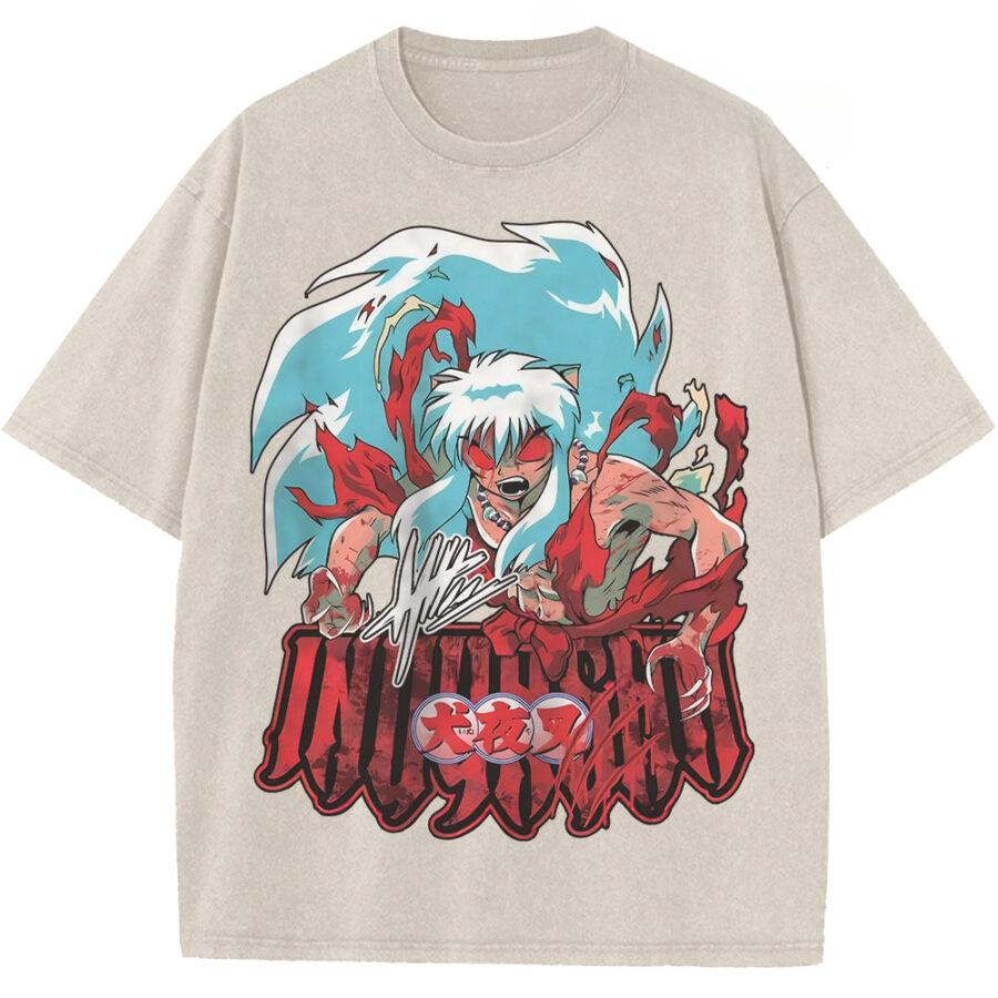 Inuyasha Print T-shirt Inuyasha Anime Clothing Men Short Sleeve Cotton Tshirts Vintage Washed Tee Harajuku Oversized T Shirt