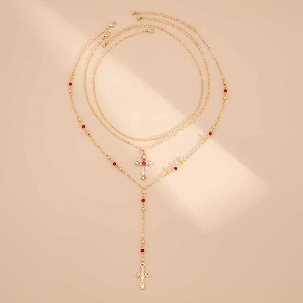Strasskreuz & Blume Kristall Halsketten Set - Kupferbeschichtete Eisenkette, 3 Teile