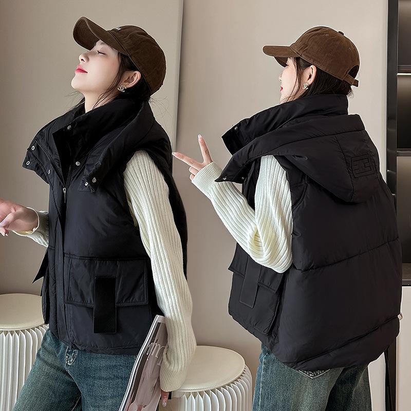 Down cotton short hooded women's vest 2024 winter new Xiaoxiangfeng vest loose fashion outer vest