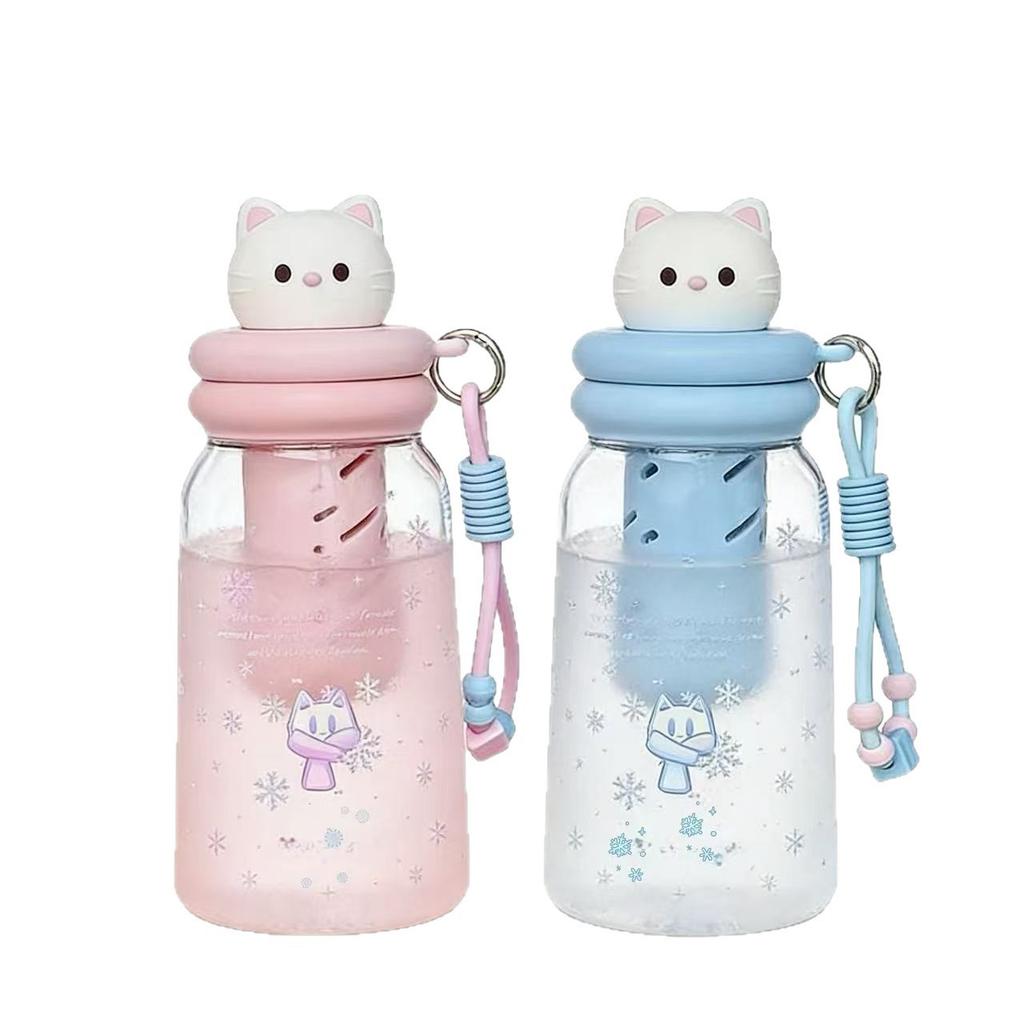 Water bottle summer new cartoon cat plastic cup straw cup portable rope water cup student school large capacity straw cup