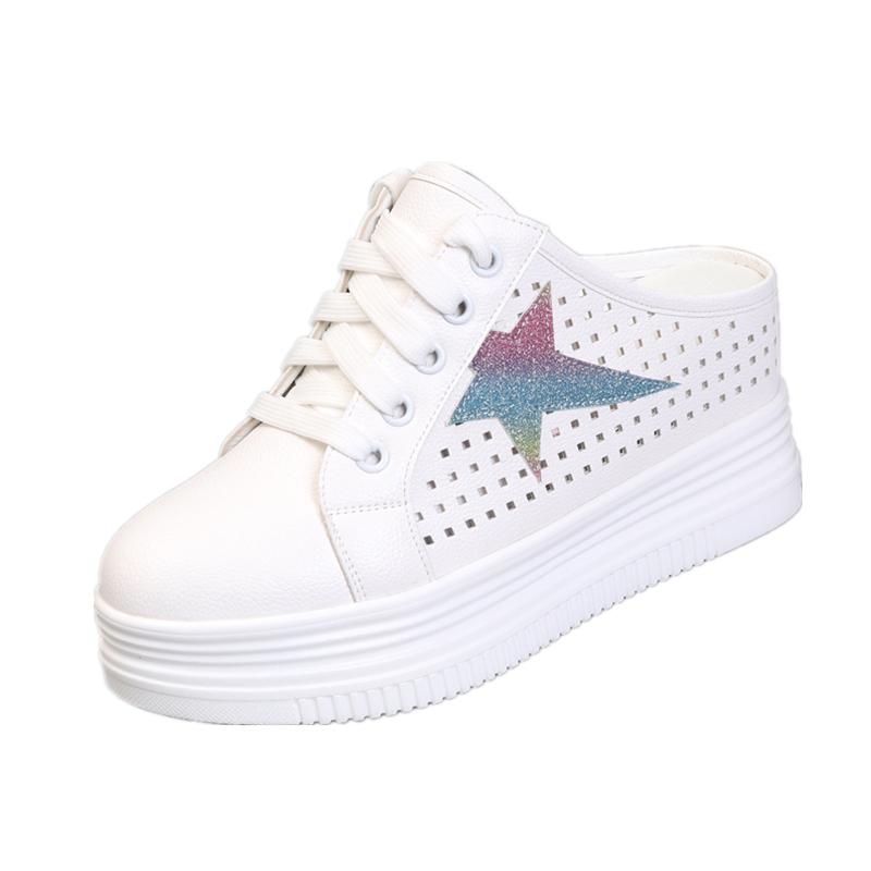 Fashion Summer Hollow Breathable Small White Shoes Female Thick Sole Inside Increase 8CM Lazy Shoes Slip-on Half Slippers Without Heels