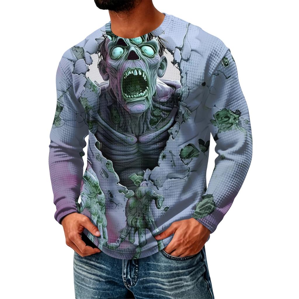 Men's Casual Halloween Print Knit Long Sleeve Neck T Shirt