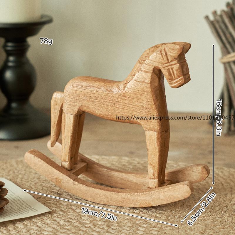 Nordic-Style Rocking Horse Wooden Horse Desktop Ornament Home Decor Pine Rocking Horse Craft Horse-to-Success Figurine