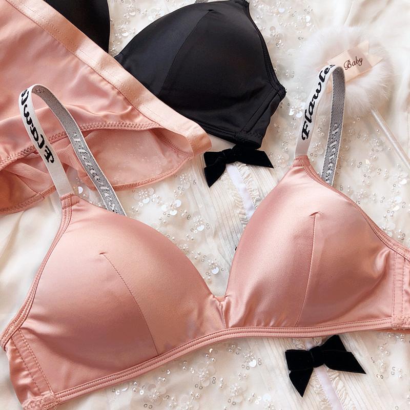 Ice Silk Comfort Underwear Set Women Sexy Deep V Push Up Bra Set Shoulder Strap Letters Adjustable Brassiere and Lace Panties
