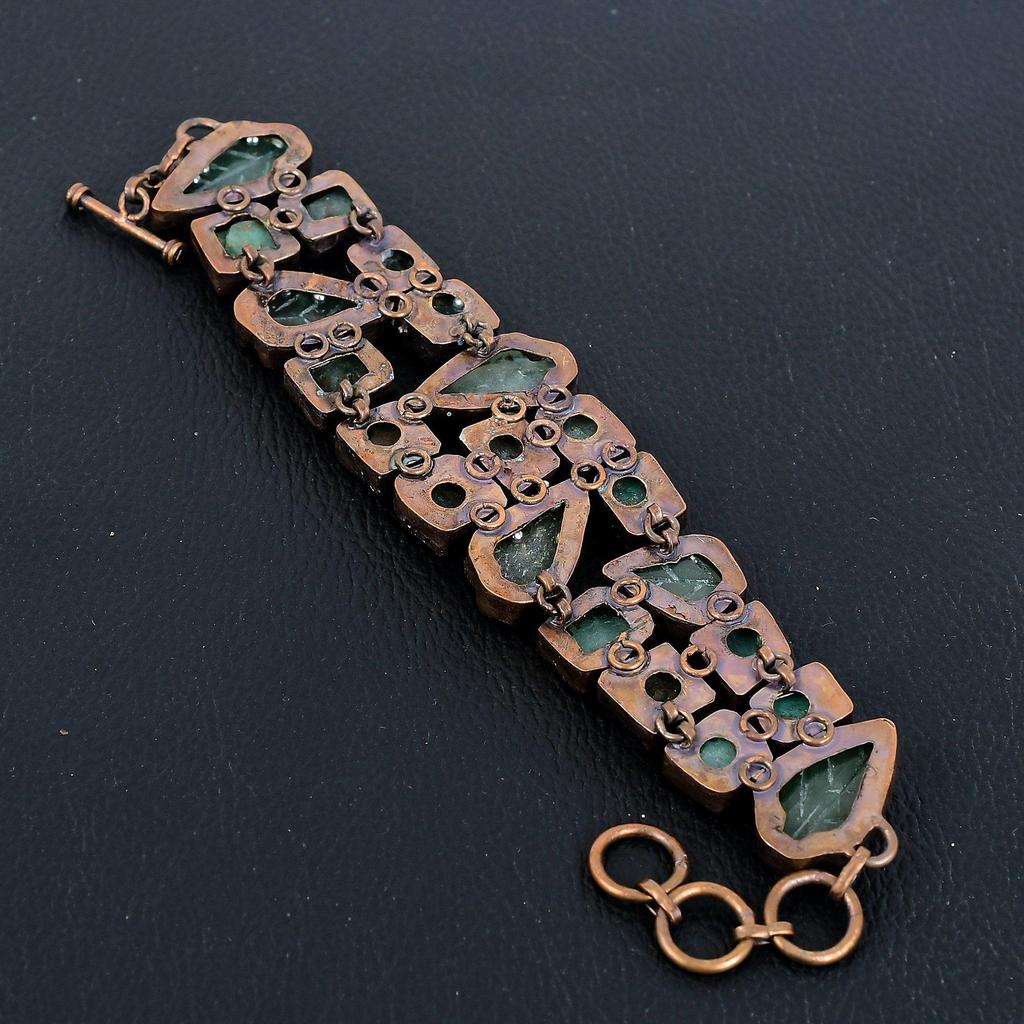 Carved Leaf Green Onyx Bracelet, Copper Electroformed Gemstone Jewelry, Handmade Bracelet For Mother Day