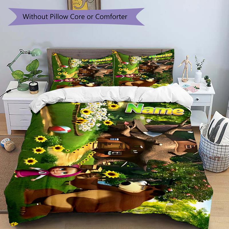 Custom Name Bear Sunflowers Forest Print 3Pcs Bedding Set Duvet Cover With 2 Bedro Pillowcase Home Birthday Gift