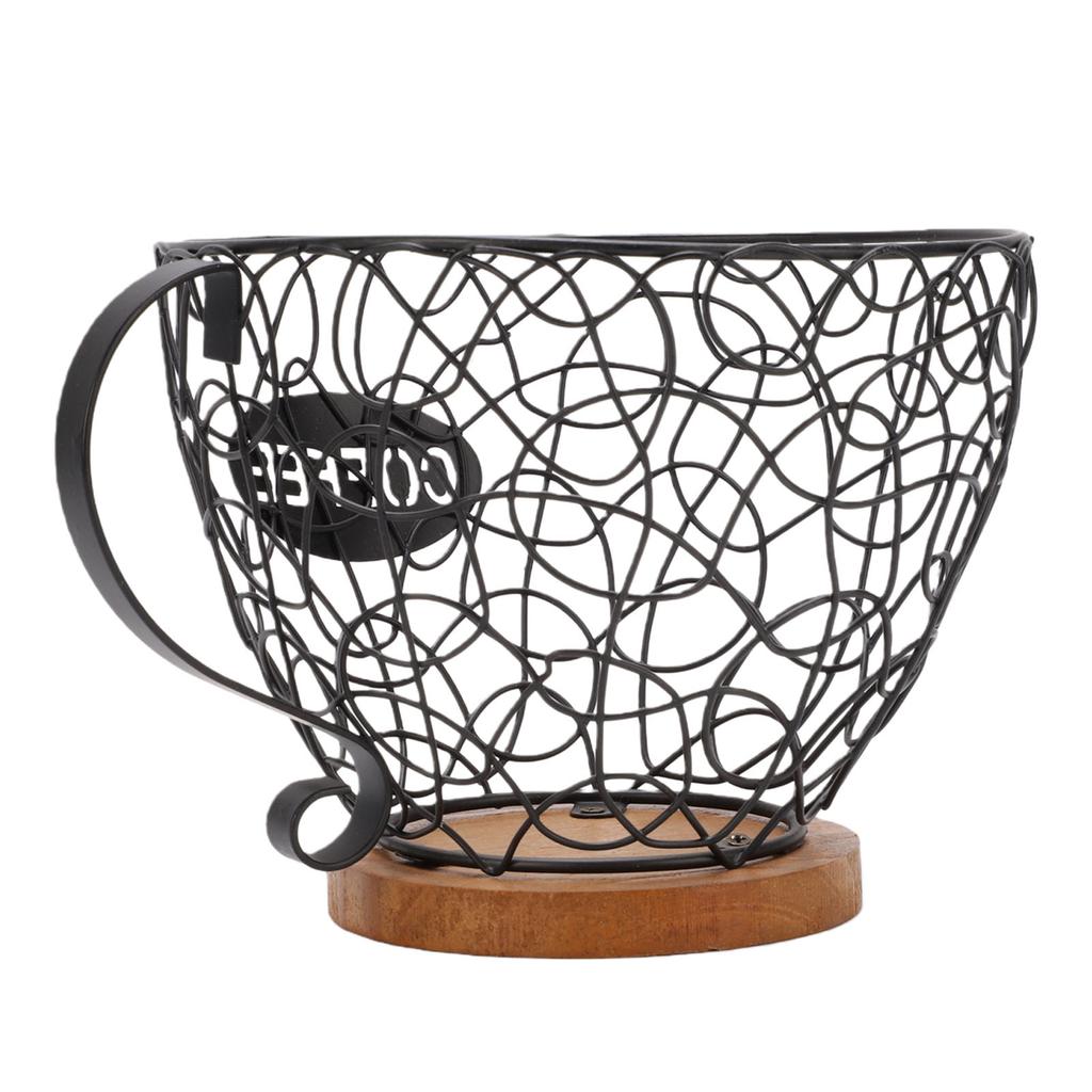 Coffee Pod Holder   Metal Coffee Capsule Storage Basket with Wood Base for Kitchen Countertop
