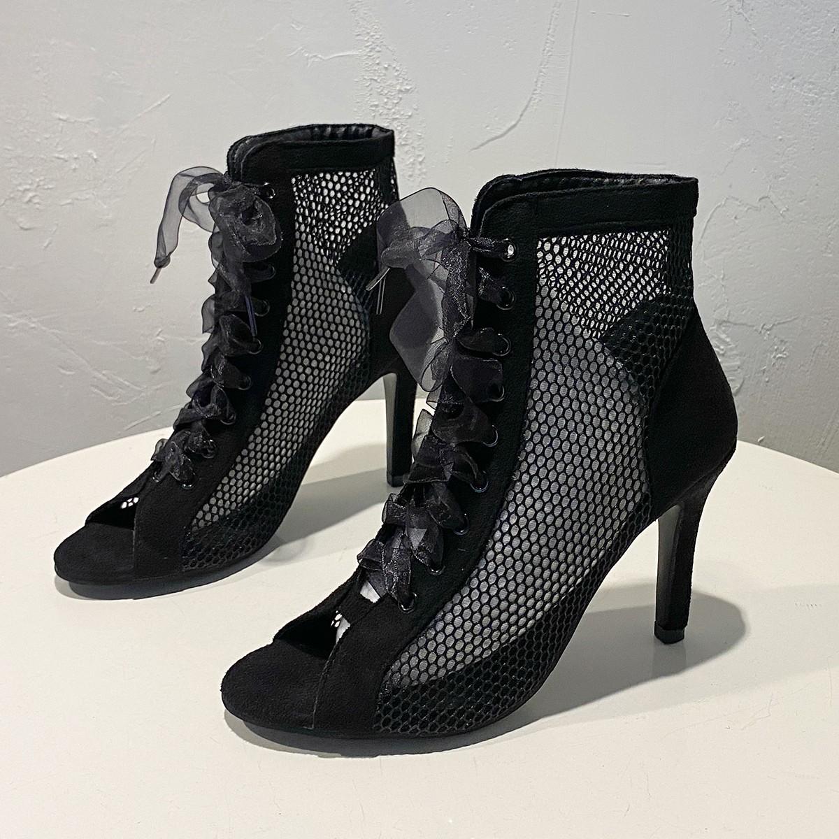 

2024 осень и зима новые большие размеры модные туфли на шпильке сетчатые полые сандалии модные шнурованные тканевые рыбий рот крутые ботинки 43 чёрный