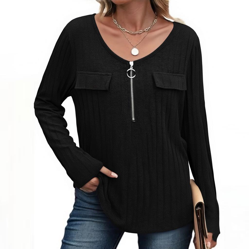 Women's Fashion Casual Zipper Ribbed Long Sleeve Top