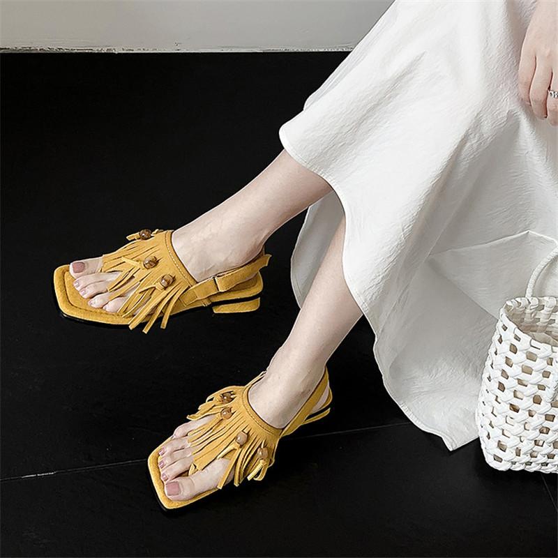 Fashion New Summer Sandals Cow Suede Women Shoes Square Toe Sandals for Women Fashion Flip-flops Tassels Sandals Handmade Chunky Heels