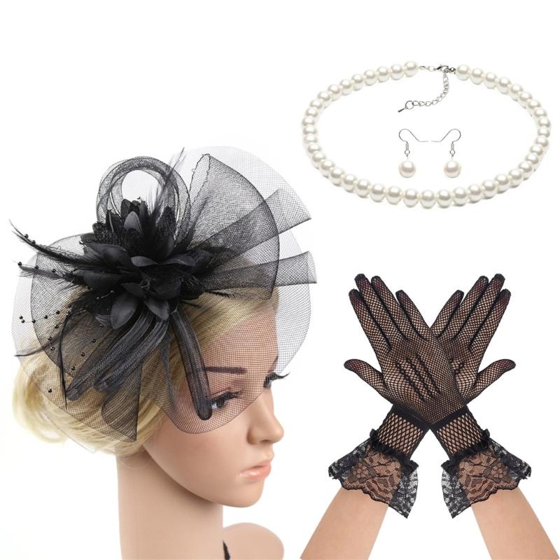 Lace Flower Fascinator Hat Hairband Necklace Gloves for Cocktails Event Dressingup Roleplay Flapper Costume Accessories