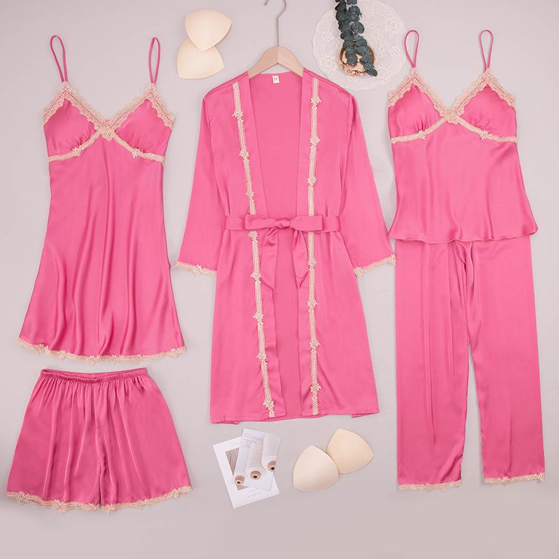 Yao Ting Satin Chiffon Five-Piece Pajama Set: Ice Silk, Casual, Sexy, with Chest Pads for Spring/Summer