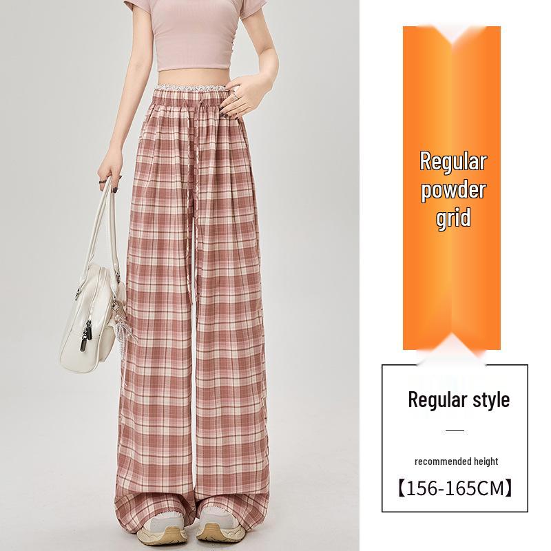 Karierte High-Waist Weitbeinige Freizeithose für Damen mit Spitzenbesatz