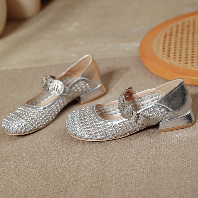 Woven Hollow Shoes Niche Mesh Toe Shoes Metal Buckle One-strap Women's Shoes Round Toe Flat Mary Jane Shoes