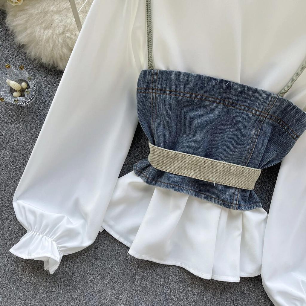 Koreanische Serie Tragen Alter-Reduzierung Set Retro Denim Cami Gestapelt Alle-Matching Puff Sleeve Shirts Zwei-stück Set Top