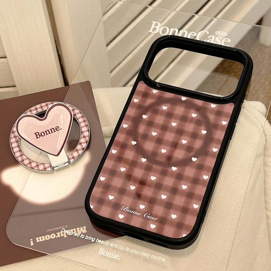 Retro plaid gold-plated iPhone 17 Pro Max Apple 16 phone case 13 magnetic heart-shaped stand 15 compatible with 14