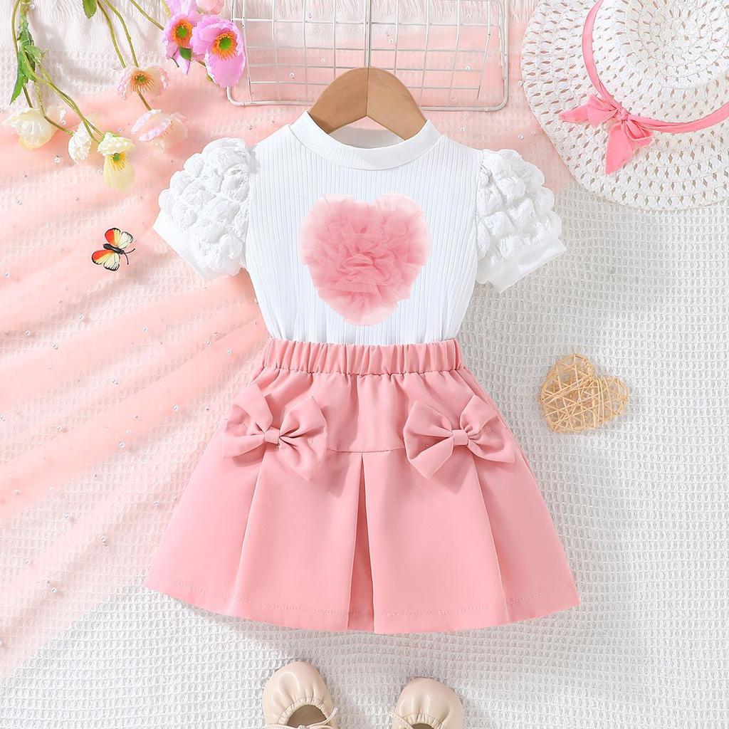 New Girls' Puff Short Sleeve Top with Heart Bow Short Skirt Set Fashion Set