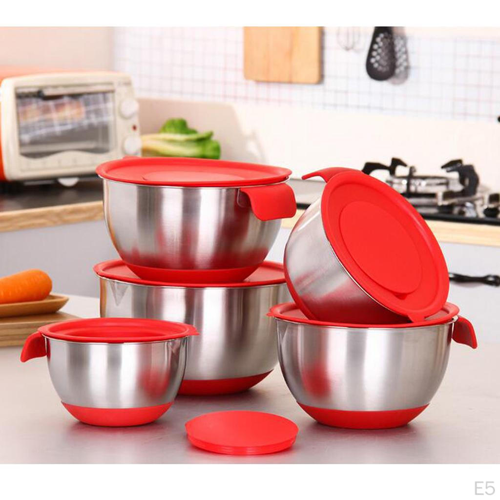 5 Sizes Mixing Bowls Stainless Steel Metal Lid Kitchen Compact Storage