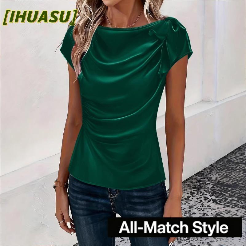 QICED Women's Fashion Casual Solid Color Print O-Neck Short Sleeve Blouses & Shirts
