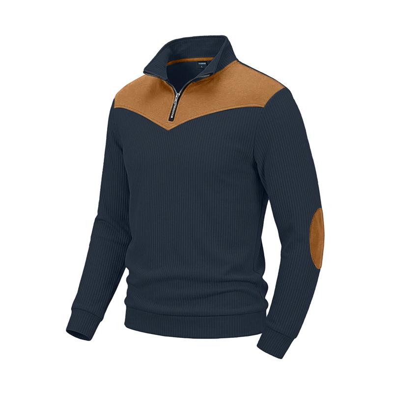 Herbst Winter Herren Color Block Sweatshirt Vertikal Rippstrick Halber Reißverschluss Stehkragen Pullover Wildlederflicken Schulter Ellbogen Vintage Lässig Langarm Oberteile