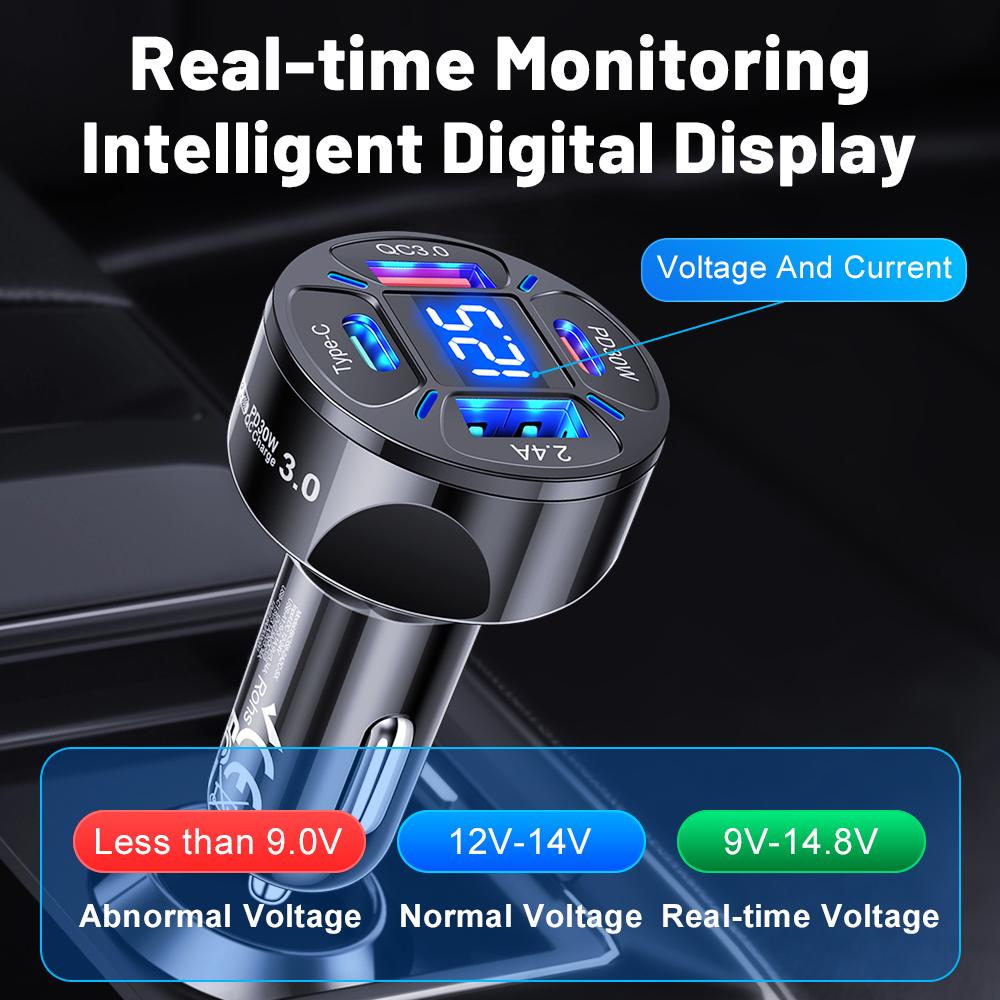 100W Car Charger USB C Phone Charger Super Fast Charging with Digital Display Quick Charging Adapter for IPhone Samsung Xiaomi