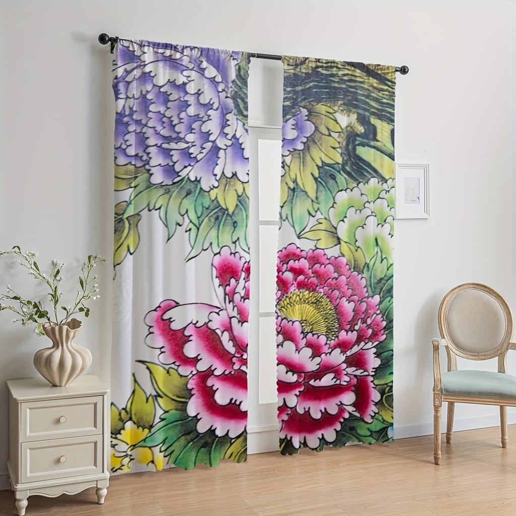 2pcs Sunflower Pattern Curtains, Rod Pocket Decorative Window Drapes Window Treatments For Bedroom Living Room Home Decoration