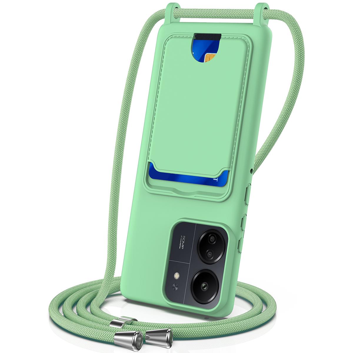 

Liquid Silicone Case For Xiaomi Redmi 13C 5G/4G/Redmi 13R 5G/Poco M6 5G/Poco C65 4G Card Holder Phone Back Cover with Lanyard Green