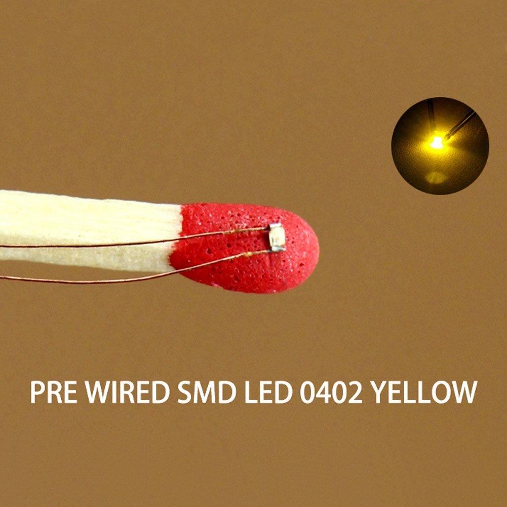 Miniature SMD 0402 Chip with Copper for Model and Dioramas LEDs, Yellow, 20-Pack, 0.1mm Wire, Trains, Railways, Buildings,
