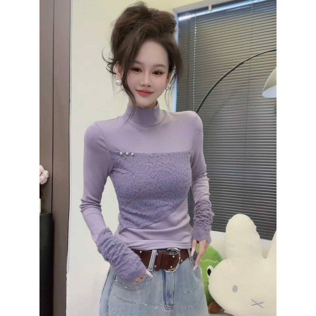 Plus Size Velvet Lace Stand Collar Long Sleeve Women's Autumn Winter Warm Top
