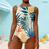 Women Plus Size High Round Neck Sleeveless Tropical Leaf Printed One Piece Swimsuit
