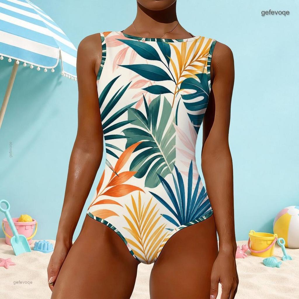 Women Plus Size High Round Neck Sleeveless Tropical Leaf Printed One Piece Swimsuit